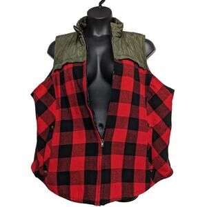 Maurice's 3X Quilted Flannel Vest Red Black Plaid Olive Green Pockets Full Zip